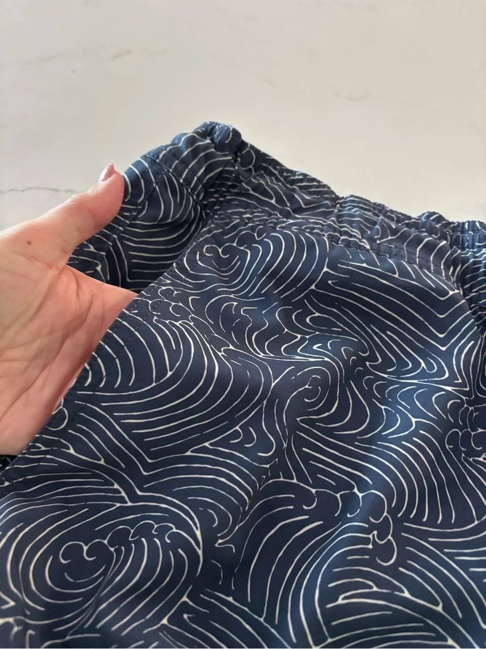 J. Crew Navy & White Patterned Swim Trunks with Coral Accent